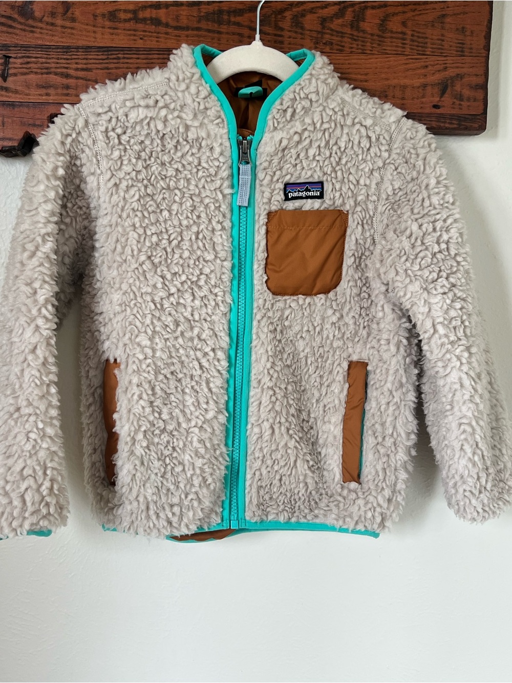 Patagonia Kids Cream Sherpa Fleece Jacket with Teal Trim